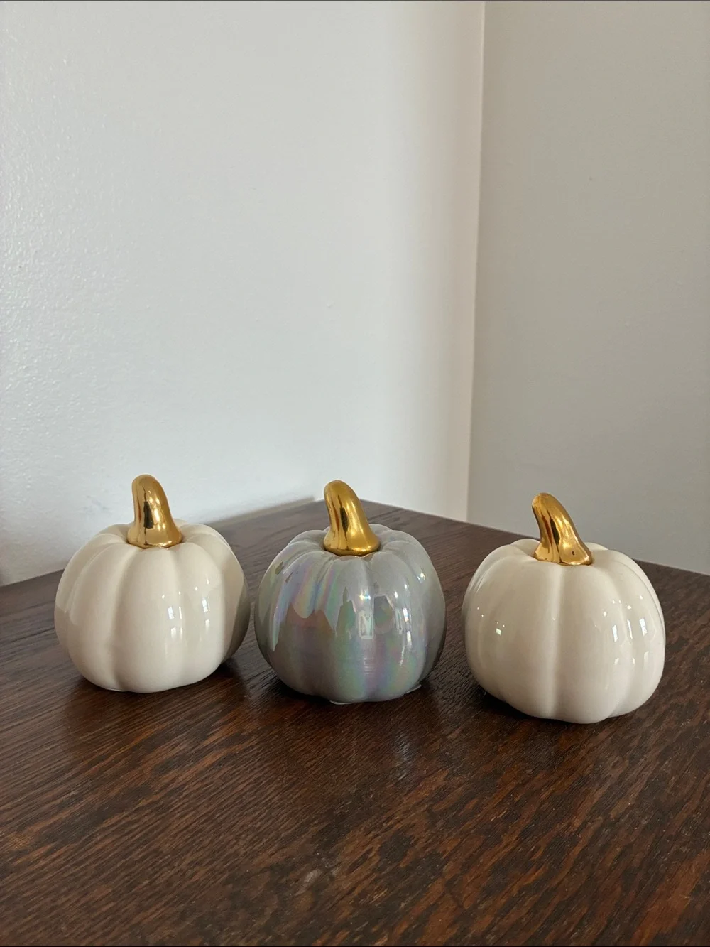 NWT- Set of 3- White & Gray Pearl Iridescent- Ceramic Pumpkins with Gold Stems